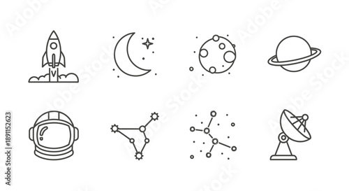 Icon set of space elements including rocket planets moon constellations