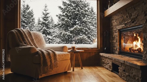 Wallpaper Mural Cozy living room with a stone fireplace, sunlit window, armchair, soft plaid throw, snowy landscape Torontodigital.ca