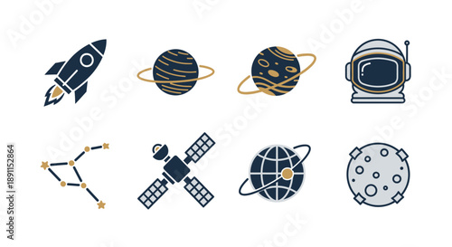 Cosmic exploration vector illustrations of planets spaceship and astronaut