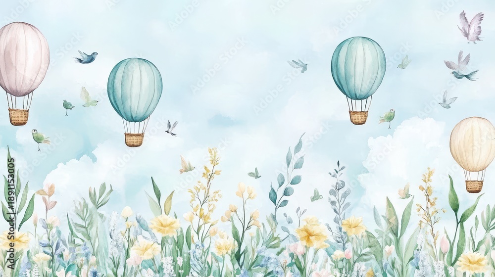 Obraz premium Whimsical Air Balloons in the Sky: Pastel-colored air balloons float gently above a serene field of blooming flowers and whimsical birds, inviting viewers to journey to a world of dreams and wonder.