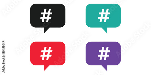 Colorful speech bubbles with hashtag symbols isolated on white background