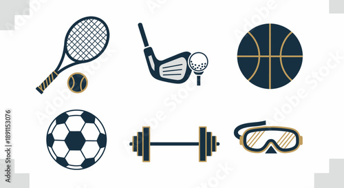 Sports icons set tennis golf basketball soccer dumbbell goggles