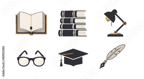 Educational icons representing books eyeglasses and a graduation cap on white