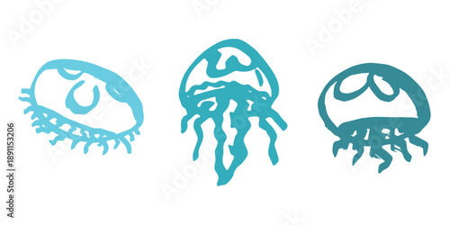 Set of hand drawn jellyfish doodle Sea animal illustration Cute marine underwater creature Medusa sketch clipart Single element for web, design, decor, children's print
