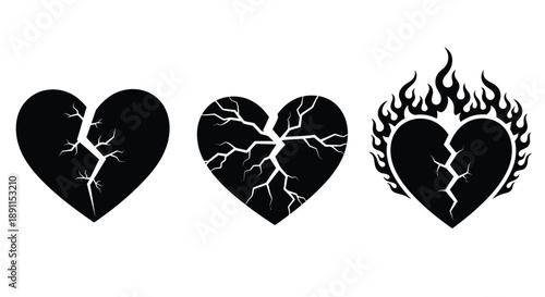 Three black hearts depicting stages of damage a striking silhouette
