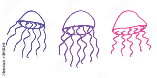Set of hand drawn jellyfish doodle Sea animal illustration Cute marine underwater creature Medusa sketch clipart Single element for web, design, decor, children's print