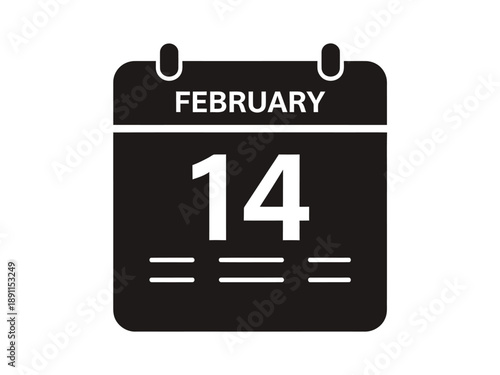 Simple black icon of a calendar displaying 'February 14', clearly indicating Valentine's Day, the ultimate celebration of love and romance.