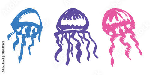 Set of hand drawn jellyfish doodle Sea animal illustration Cute marine underwater creature Medusa sketch clipart Single element for web, design, decor, children's print