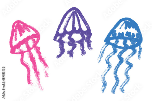 Set of hand drawn jellyfish doodle Sea animal illustration Cute marine underwater creature Medusa sketch clipart Single element for web, design, decor, children's print