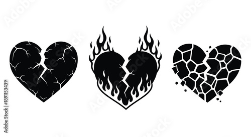 Four black heart designs showcasing damage and flames a striking silhouette