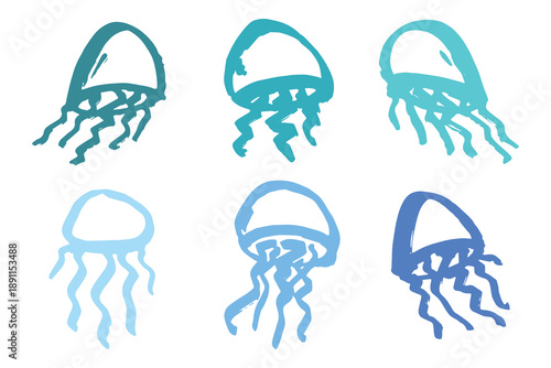 Set of hand drawn jellyfish doodle Sea animal illustration Cute marine underwater creature Medusa sketch clipart Single element for web, design, decor, children's print