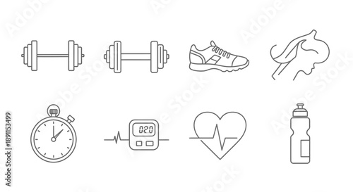 Fitness and wellness icons dumbbells shoe heart and more on white