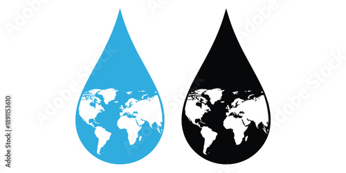 Two teardrop shaped icons of the earth in blue and black
