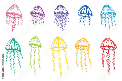 Set of hand drawn jellyfish doodle Sea animal illustration Cute marine underwater creature Medusa sketch clipart Single element for web, design, decor, children's print