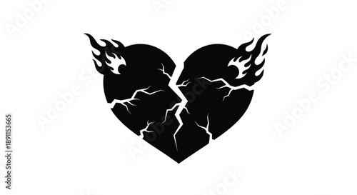 Broken heart with flames and cracks a dramatic black silhouette