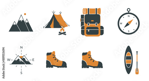 Camping and hiking equipment icons vector illustration set for outdoors