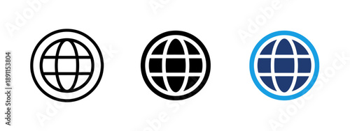 Globe icon set showing outline filled black and color variations for internet connectivity website communication and global network access symbolized by digital world.