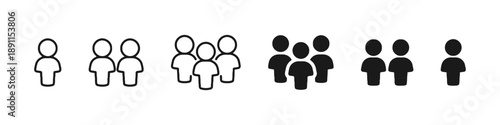 Group of people icons depicting different crowd sizes and styles, representing teamwork, community, and social interaction in simple outline and silhouette forms.