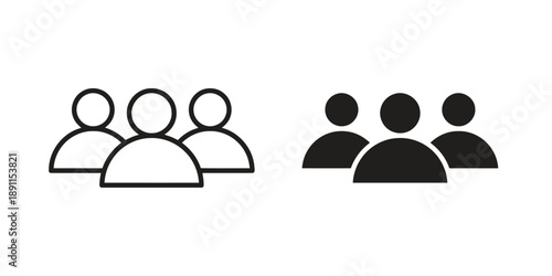 Group of people icon outline and solid, community and teamwork concept, three human figures symbol, social connection representation for design, black and white graphic icons for user interface