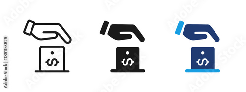 Hand depositing dollar coin into donation box for charity and fundraising icon with money symbol for financial support and contribution concepts
