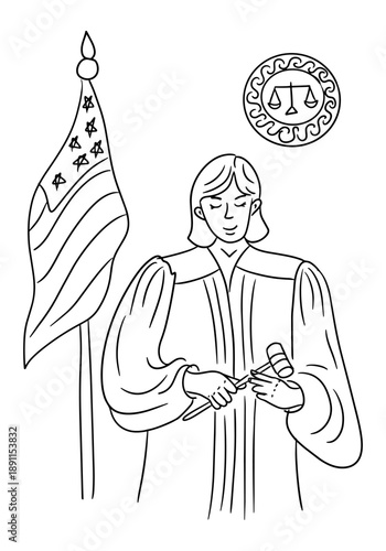 Hand drawn vector illustration of a female judge holding a gavel with usa flag and justice scale symbol isolated on white background. The image represents law, justice, fairness, court system