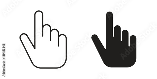 Hand cursor pointing index finger up icon in outline and solid black, representing click, select, or user interaction, isolated on white background