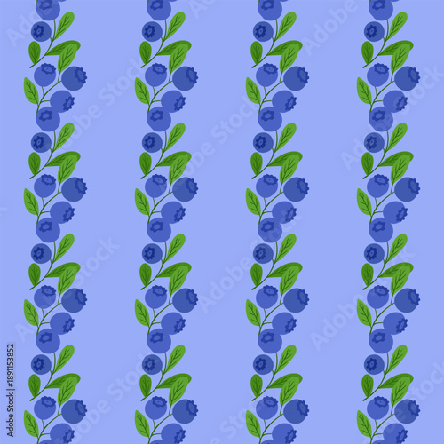 Hand drawn vector seamless pattern with blueberry branches, leaves and ripe berries on light background suitable for textile and surface design. The image represents nature, harvest, freshness