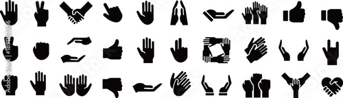 Hand gestures icons set including peace sign handshake pointing finger open palm thumbs up and down illustration