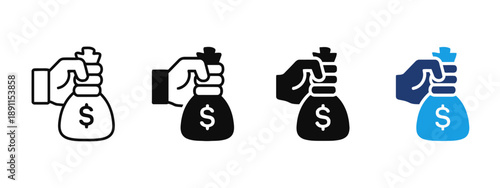 Hand holding money bag dollar sign icon. Vector illustration of financial wealth and savings, banking and investment concept with various styles outline and filled glyphs.