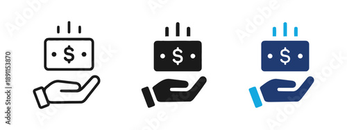 Hand holding money with dollar sign and upward arrows, signifying income or payment, outline and filled versions.