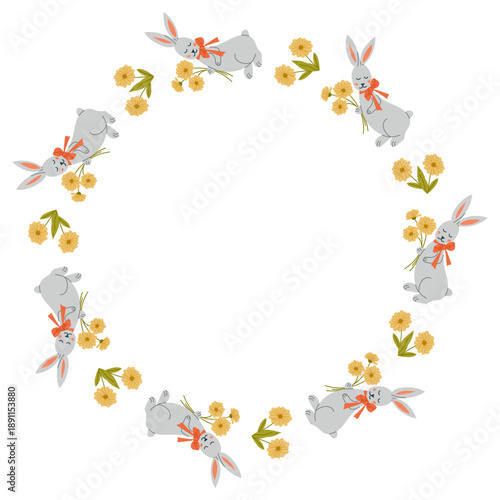 Hand drawn vector illustration of a circular wreath made of cute easter bunny characters holding yellow flowers isolated on white background. The image represents easter celebration, spring holiday
