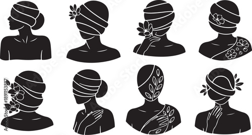 Illustrations of women with bandages and flowers on heads