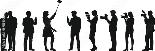 Photographer silhouettes collection, videographer journalists filming, selfie stick creators recording, media crew teamwork, isolated black vector illustration set