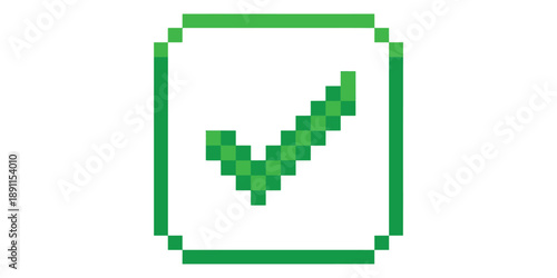 Green pixelated checkmark in a square frame isolated on white background