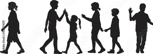 Children silhouettes collection, kids playing high five gestures, walking talking interaction poses, isolated black vector illustration set design
