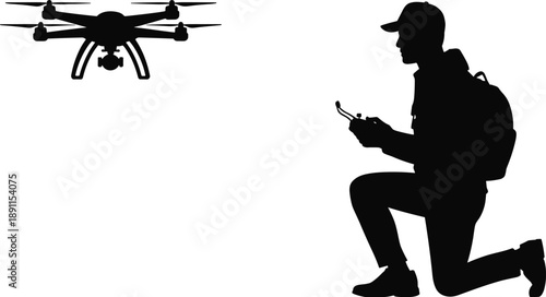 Drone operator silhouette controlling quadcopter aerial camera, professional pilot kneeling pose, isolated black vector illustration technology concept design