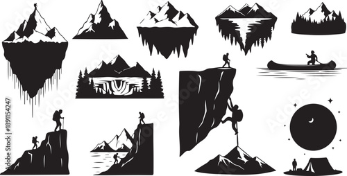 Black and white mountain landscape illustrations with adventure themes