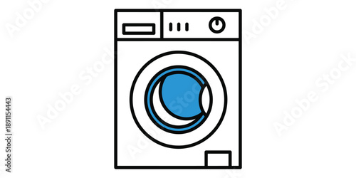 Washing machine icon with blue and black design on white background