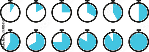 Collection of stopwatch showing time progression in blue timer clock count