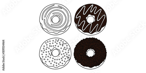 Four donuts with different toppings isolated on white background