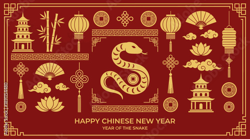 Vibrant red and gold Chinese New Year banner featuring a serpent motif, lanterns, clouds, bamboo, lotus, pagoda, coins, and the Year of the Snake celebration