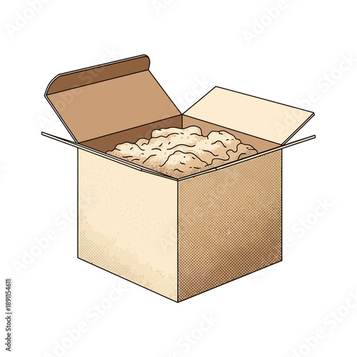 Vector illustration of an open cardboard box filled with packing peanuts, perfect for shipping and packaging concepts, emphasizing protection and secure transport of goods