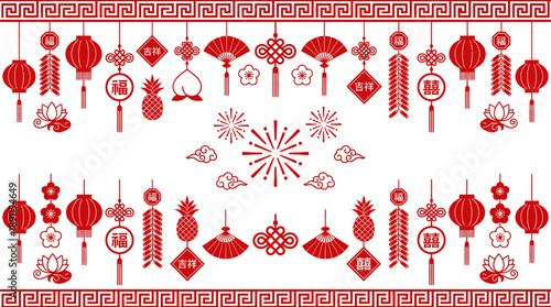 Decorative red Chinese lanterns with ornate border patterns for Lunar New Year and festive celebration artwork