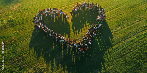 Aerial photo of a large group of diverse people standing in a heart shape on a green grassy field, casting long shadows in the sunlight. Concept of love, unity, and community on Valentine's Day