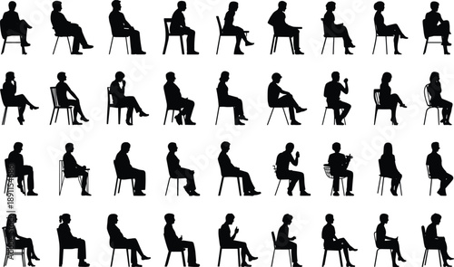 Sitting people silhouettes collection, male female chair poses, business casual waiting positions, isolated black vector illustration set
