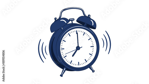 Classic blue twin bell alarm clock ringing loudly, indicating a wake-up call