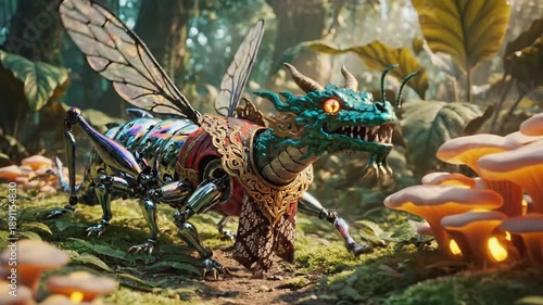 Wallpaper Mural Colorful mechanical dragon figure amid lush jungle foliage, shimmering scales, glowing amber eyes!!! Torontodigital.ca