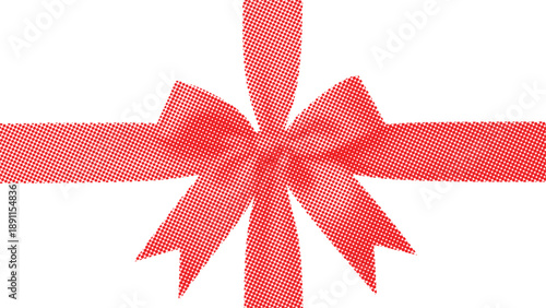 Red ribbon and bow illustration in halftone dot style on transparent background for gift packaging