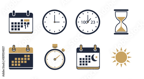 Time and scheduling concept design with clocks calendars and sundial elements