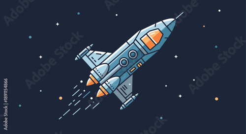 Cartoon rocket ship soaring through space surrounded by stars